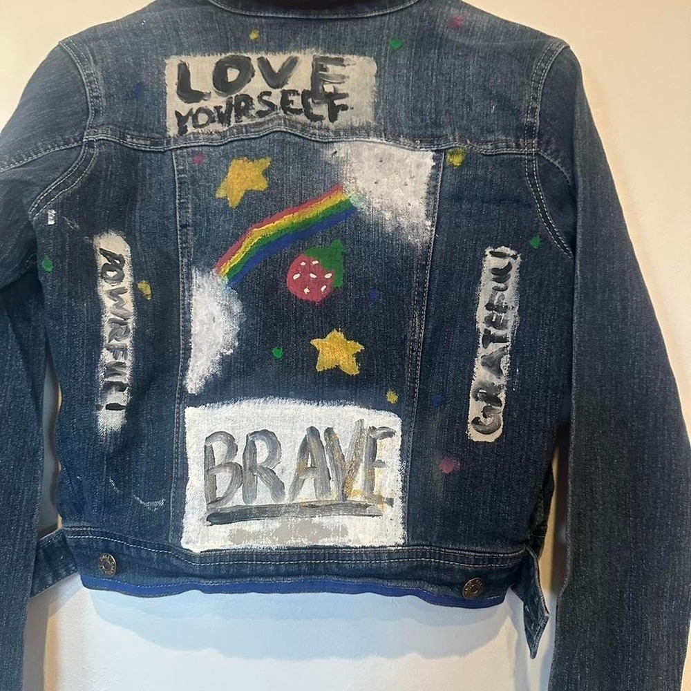 Girls Hand painted denim jacket size kids M. My daughter made 😊